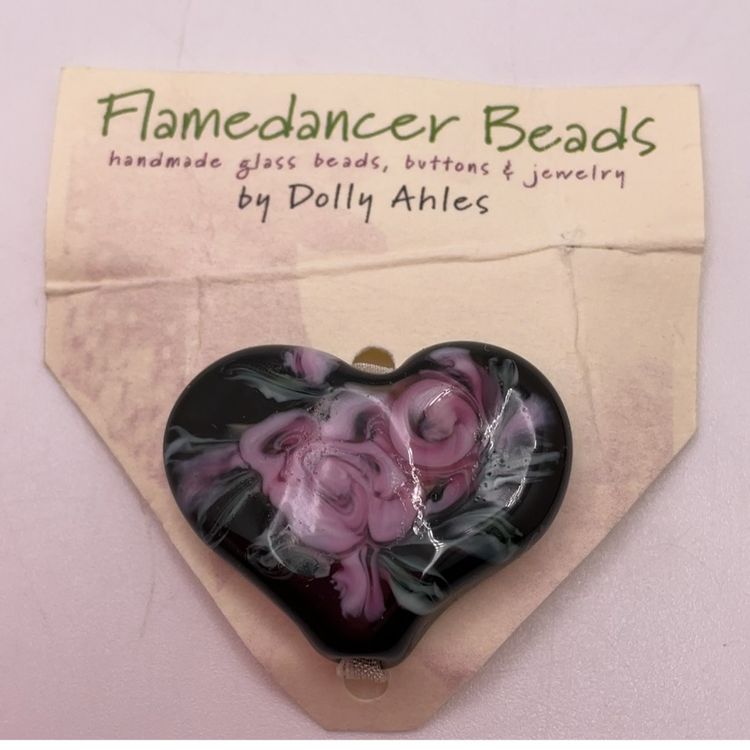 Floral Heart Glass Bead by Dolly Ahles Flamedancer Beads Studio Art .75”