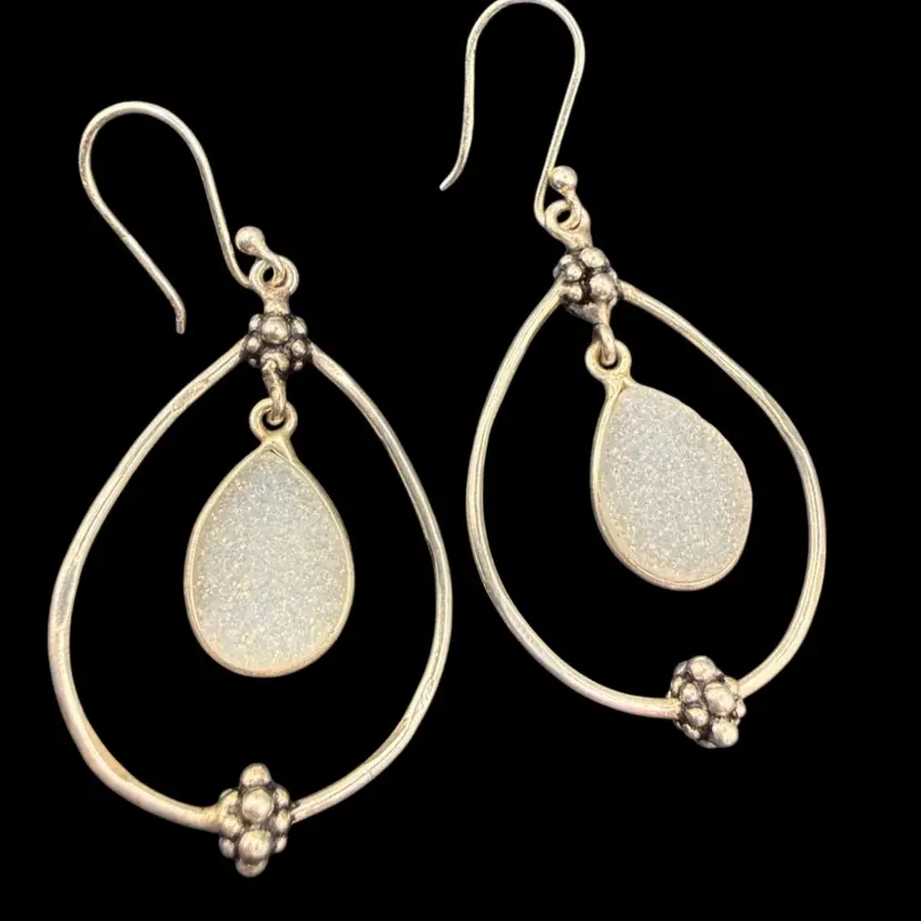sterling silver open teardrop dangle earrings featuring white druzy quartz
