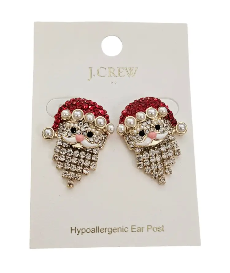 J. Crew Santa Post Earrings Rhinestone Faux Pearl Articulated Beard Dangles L618