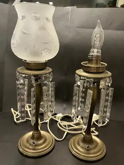 Antique Pair Lamps Brass Base Stem Suspended Cut Glass Prisms With 1 Glass Shade