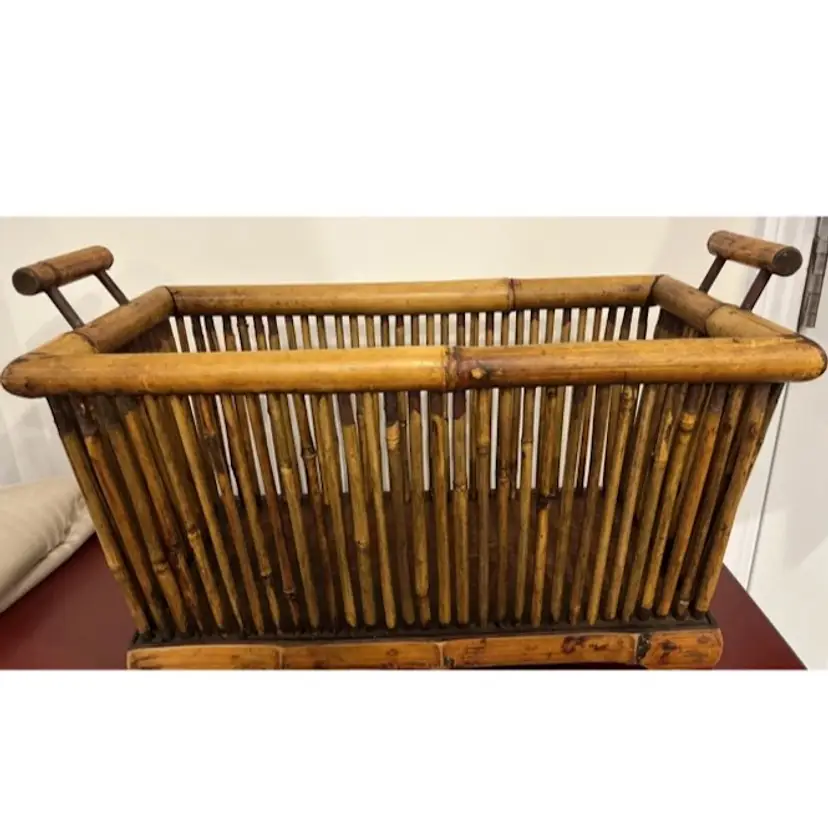 Vtg Unique Boho Rattan Tortoise Bamboo Magazine Basket ~ Solid Structure ~ EC
