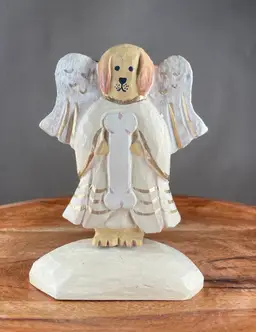 James Haddon Signed Wood Carved Art Angel Dog Animal on Swivel Stand Figurine