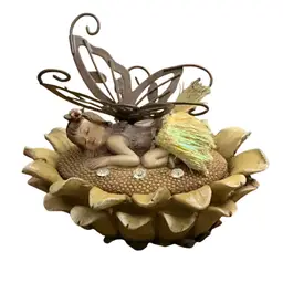 Sleeping Fairy On A Flower Trinket Box 5” X 4 1/2” X 4”