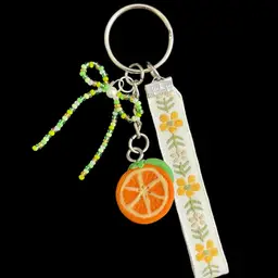Handmade By Me - Orange Bag Charm With Green Seed Bead Bow And Flower Ribbon, Polymer Clay Orange Slice Charm Keychain, Keychain With Polymer Clay Orange Charm And Seed Bead Bow And Flower Ribbon, Handmade Bag Charm, Handmade Purse Charm, Handmade Keychain, NN Artist Made