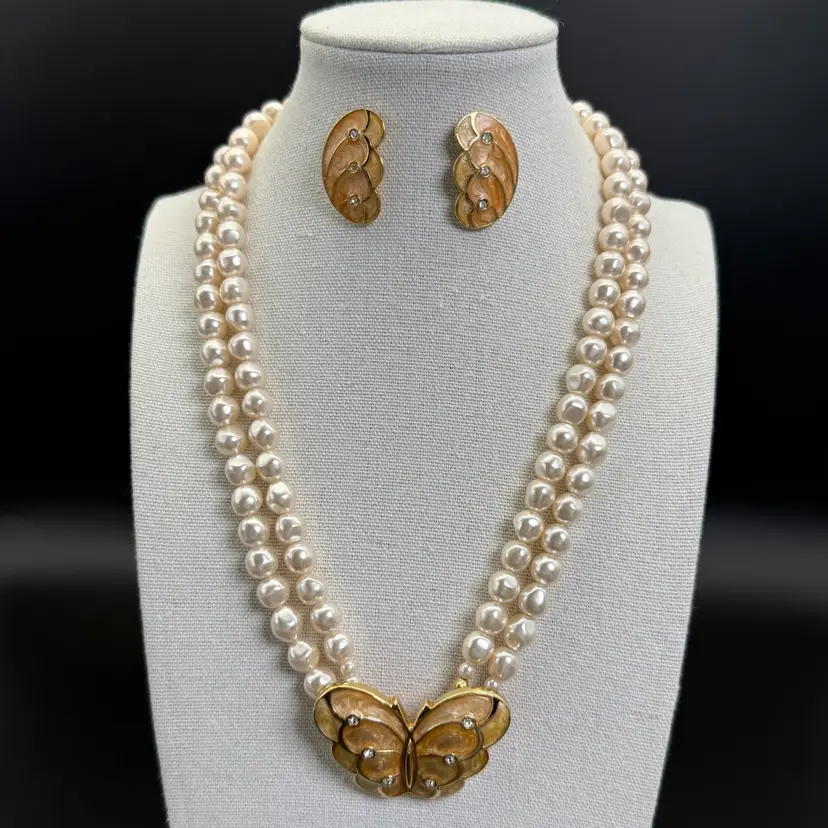 Vintage KJL For Avon Necklace Earrings Butterfly Enamel Simulated Pearls 18"