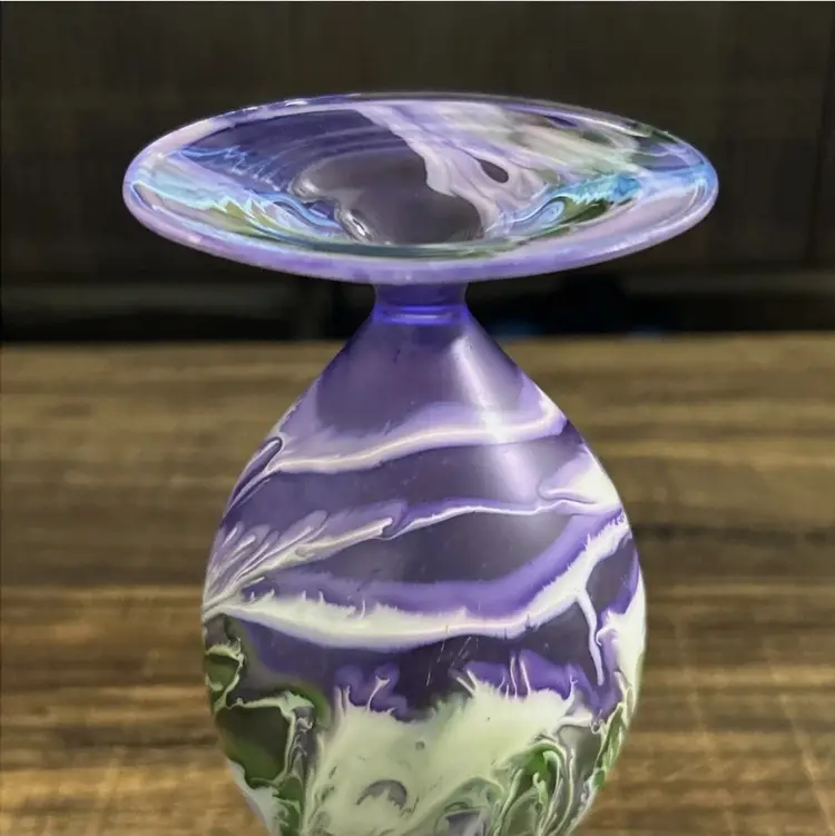 Vintage Flame Glow Penco Hand Blown Glass Oil Lamp / Vase Purple White Green