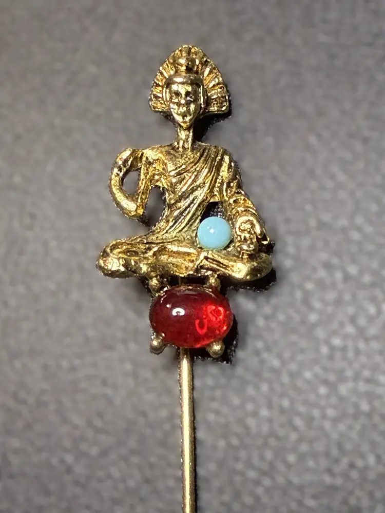 Vintage Signed ART Gold Tone Rhinestone Lady Goddess Brooch Hat Pin Cabochon