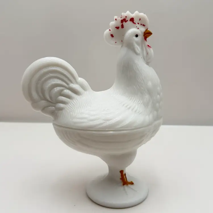 Westmoreland Standing Milk Glass Lidded Rooster Dish
