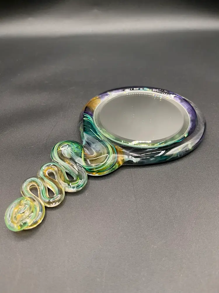 2007 Signed Kurt Carlson Art Glass Multicolor Blue Green Serpentine Swirl Hand Mirror 9” 🪞