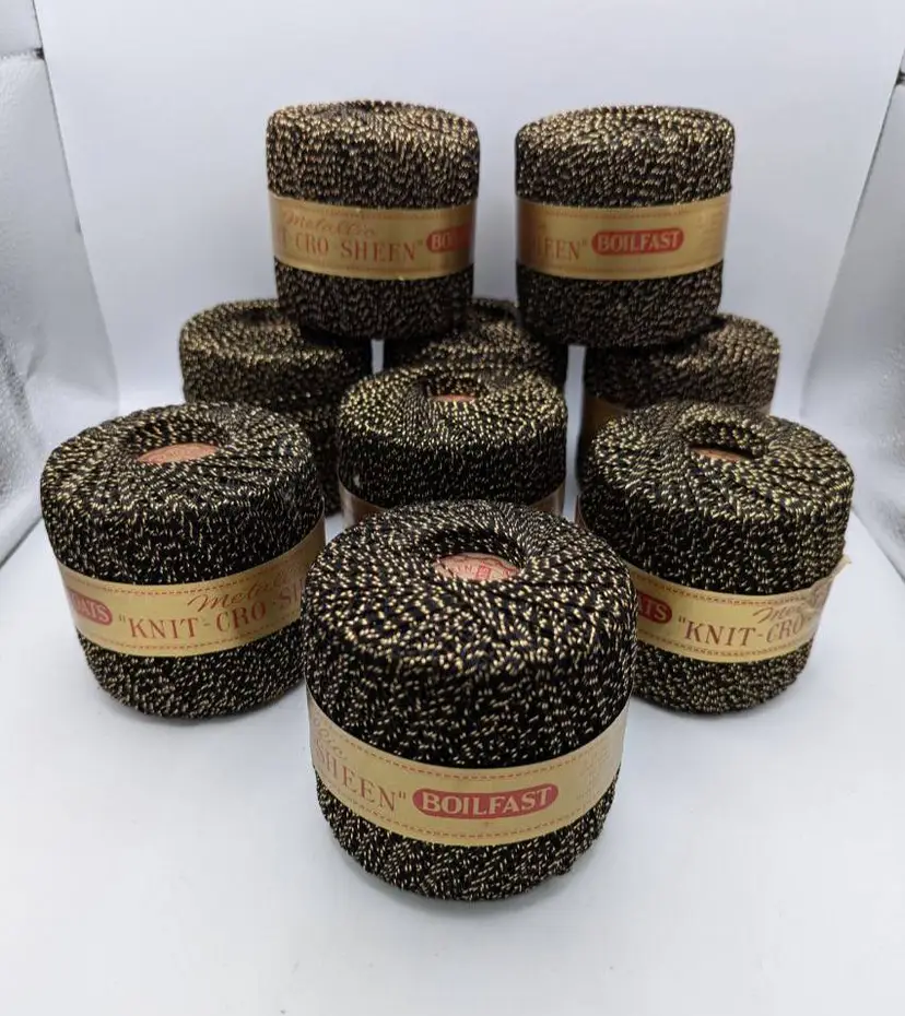 J&P COATS KNIT-CRO-SHEEN METALLIC Black and Gold 100 Yds Boilfast Vintage