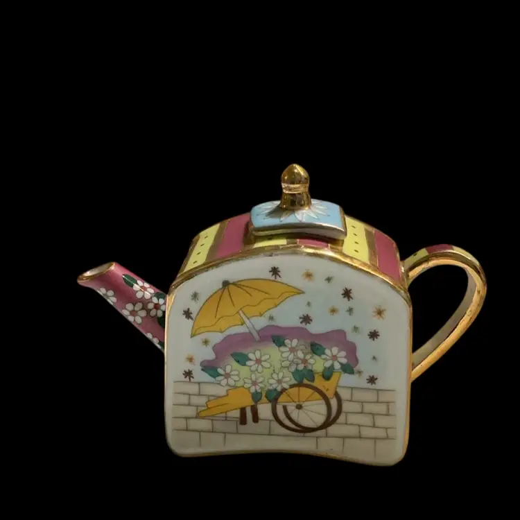 Vintage 2001 Vivian Chan Porcelain Miniature Collectible Teapot. “ Umbrella Flower Cart “ Beautiful Spring Colors& Flowers.