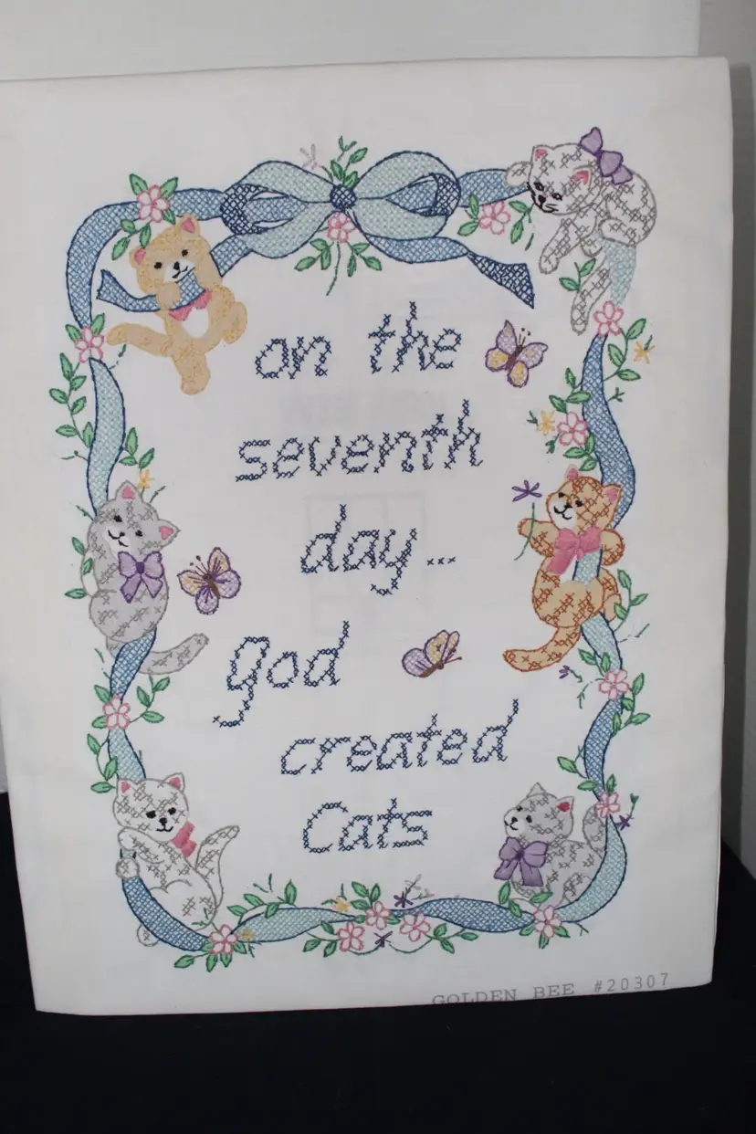 Vtg Golden Bee Cat Saying #20307 Completed Cross Stitch Picture - Unframed