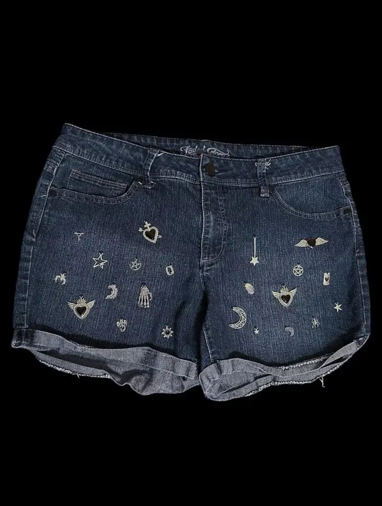 Reworked Hand Embroidered Denim Silver Black Punk Rock Charms Dark Mini Shorts US Size 14/L