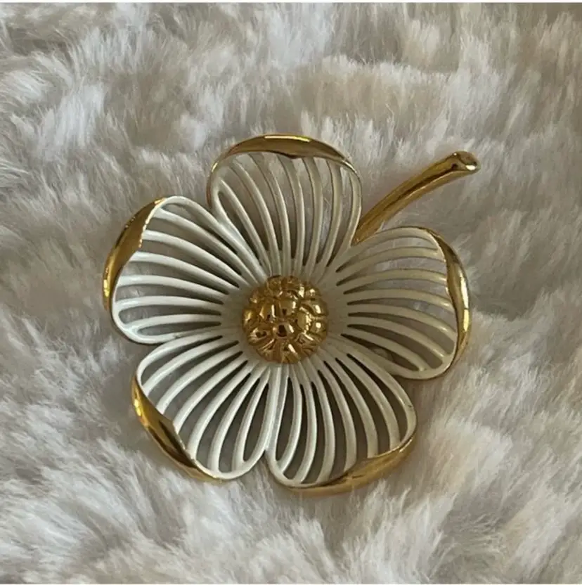 Vintage Signed Monet Dogwood White Enamel Brooch