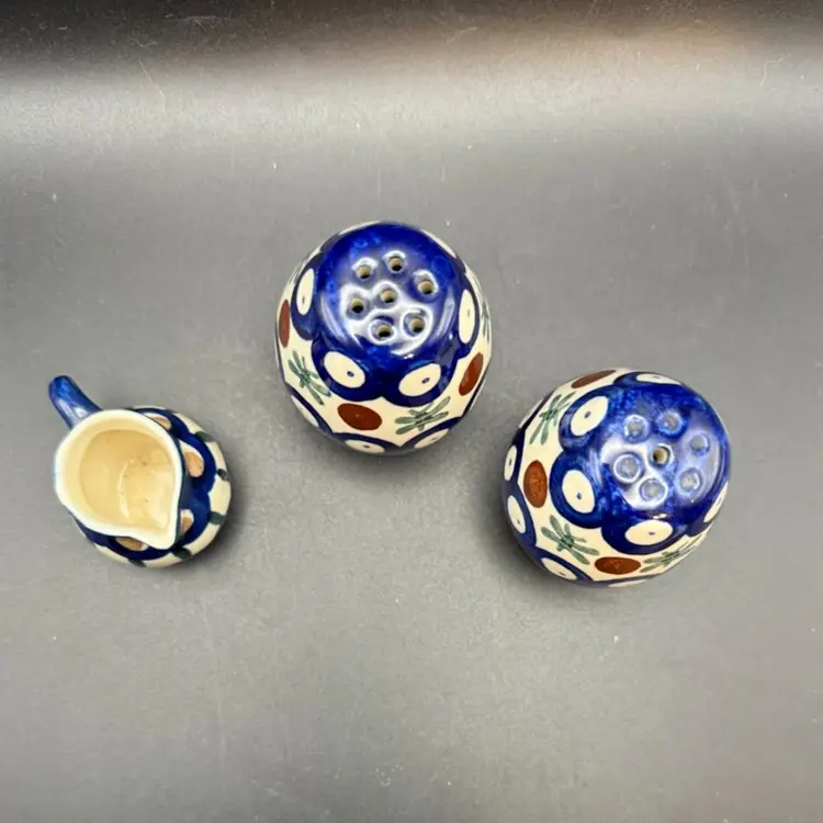 Hand-painted Polish Pottery Salt and Pepper Shakers and Mini Creamer