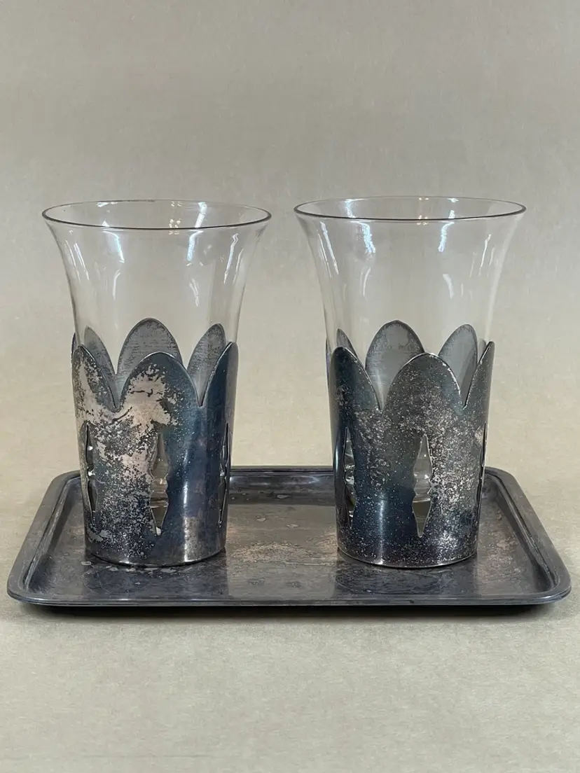 Vintage Derck Art Deco Style Silver Plated Liqueur 2 Glasses with Holders & Tray Set