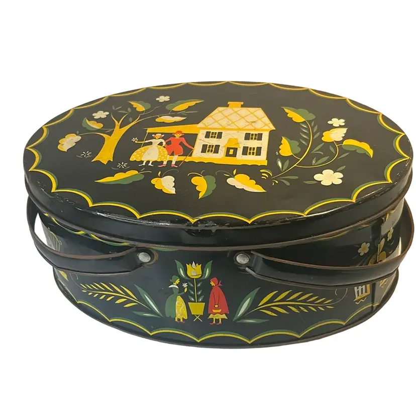 Vtg Dutch Couple Sewing Tin W Handles