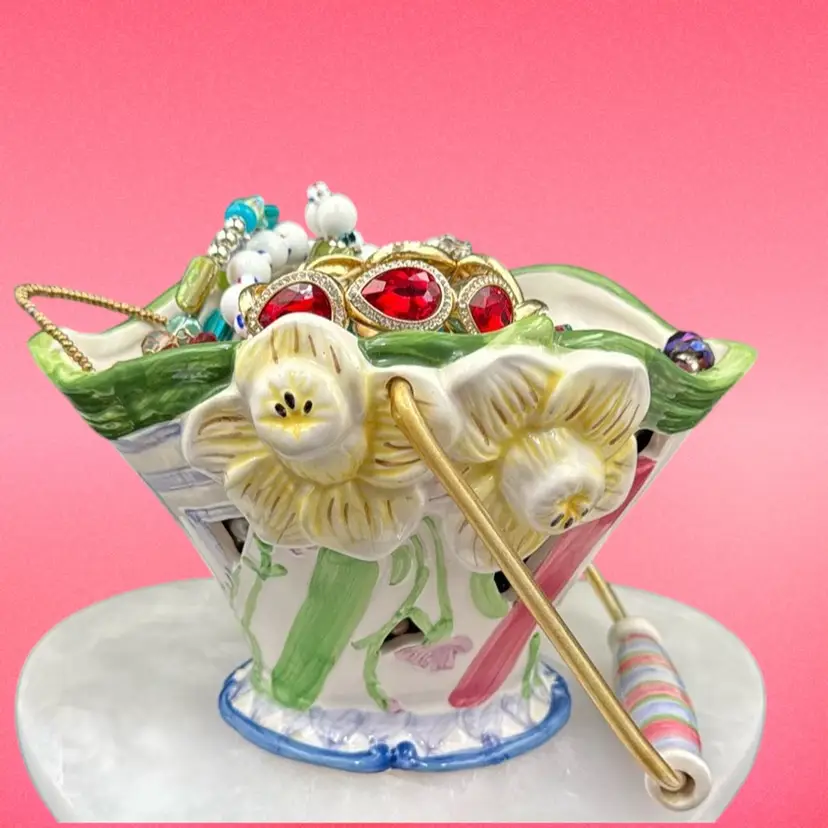 Vintage Ceramic Basket, Full Of Costume Jewelry.