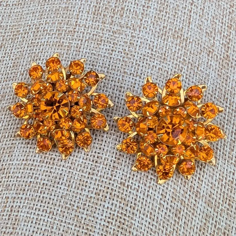 Vintage Judy Lee Tangerine Orange Rhinestone Flower Starburst Clip On Earrings