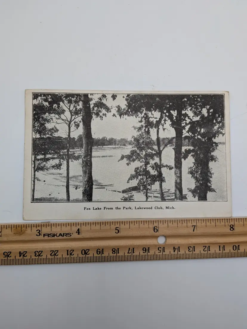 E107. Fox Lake, Lakewood Club, Michigan Antique Postcard Photography Photograph Black & White Green 1¢ Stamp Postmarked 1923