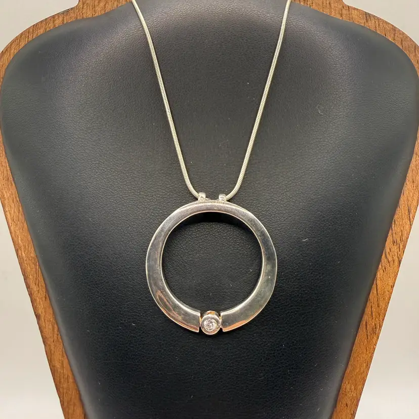 Sleek Modern Circular Chunky .925 Silver Cubic Zirconia Pave Pendant Necklace