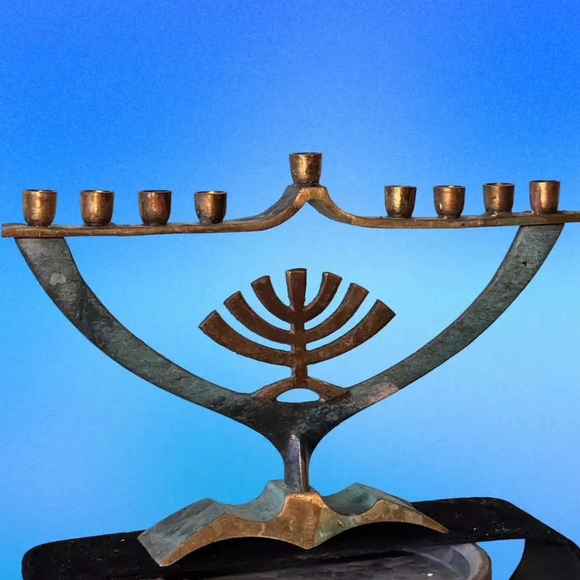 Vintage Brass Green Enamel Hanukkah Menorah Made In Israel (KK)