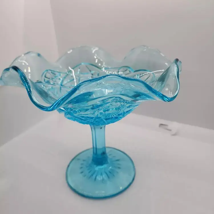 Vintage Blue Pressed Glass Footed Ruffled Edge Compote Candy Dish flower peddles