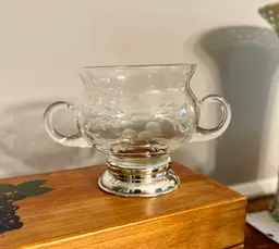 Vintage Etched Open Sugar Bowl With Silver Pedestal Base
