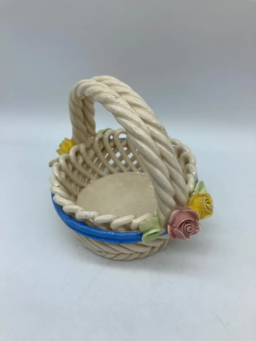 Vintage Capodimonte Ceramic Basket With Decorative Flower Roses Made In Italy