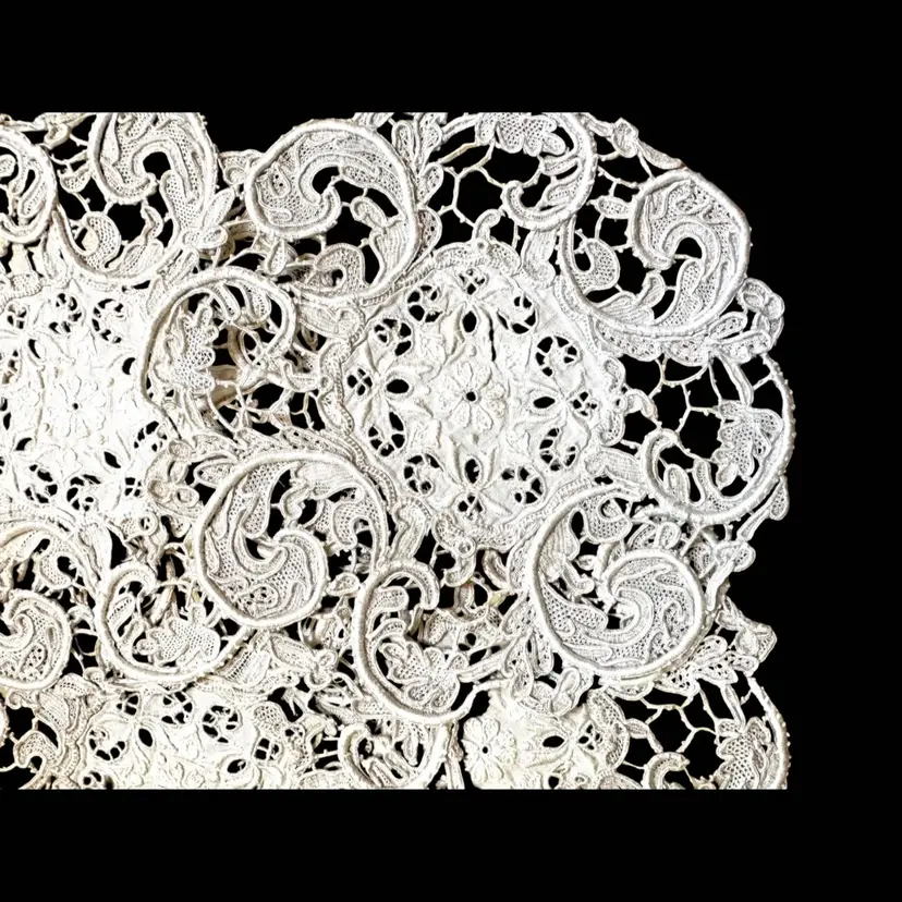 Vintage Couched Needle lace, Robes de Coeur, 6” Appliqués Medallions, Coasters Set of 4