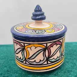 handcrafted Moroccan ceramic Trinket Box -originating from the city of Fez, known for its distinct pottery traditions.