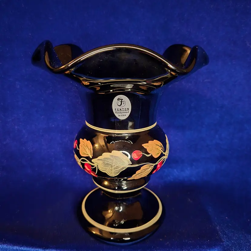 236  Fenton Ebony Glass Vase Handpainted Signed Pinched Rim