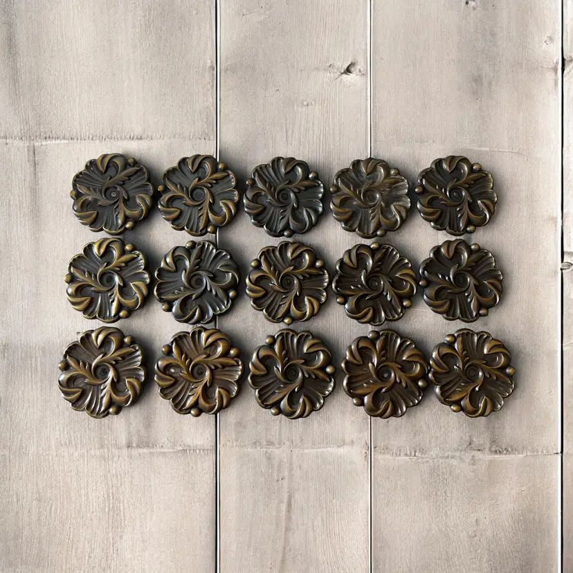 Set (15) Cabinet Knob Back Plates. Vtg Amerock Provincial Antique English 2 7/8" Round Stylized Bronze Flowers. Furniture Hardware Parts
