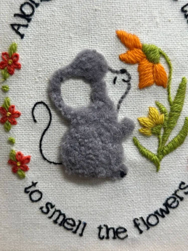 Vintage Retro Crewel Mouse Along The Way - Smell The Flowers Picture Framed