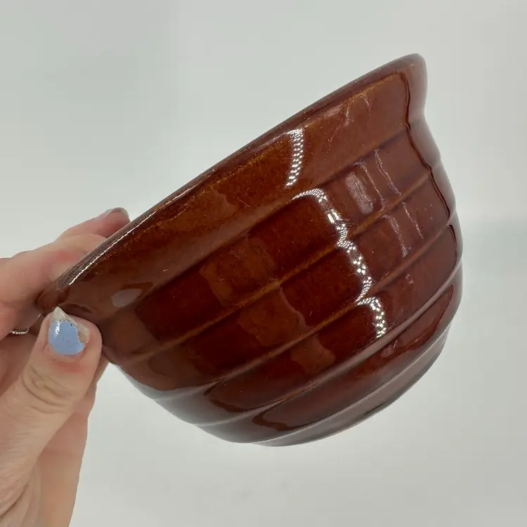 Vintage Brown Ribbed Stoneware Mixing Bowl