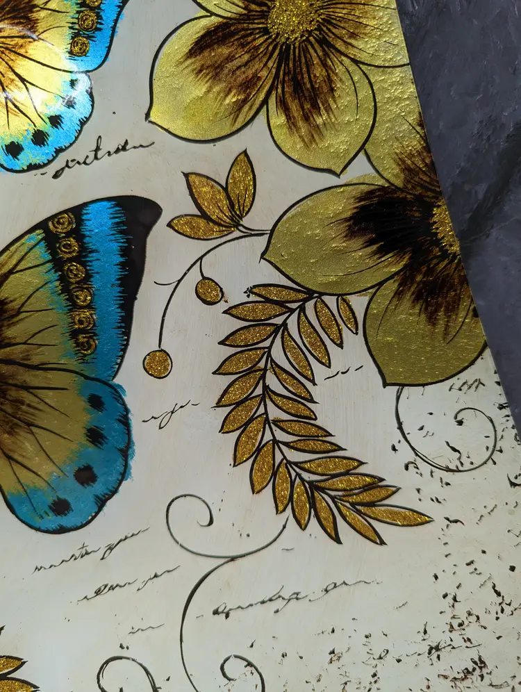 Glass Butterfly Platter Iridescent Square Plate Fused 14" Flower Serving Gift Bugs