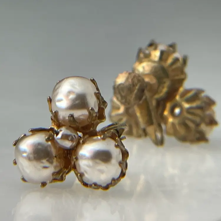 Miriam Haskell Baroque Faux Pearl Cluster Clip On Earrings Signed Vintage 1950s READ