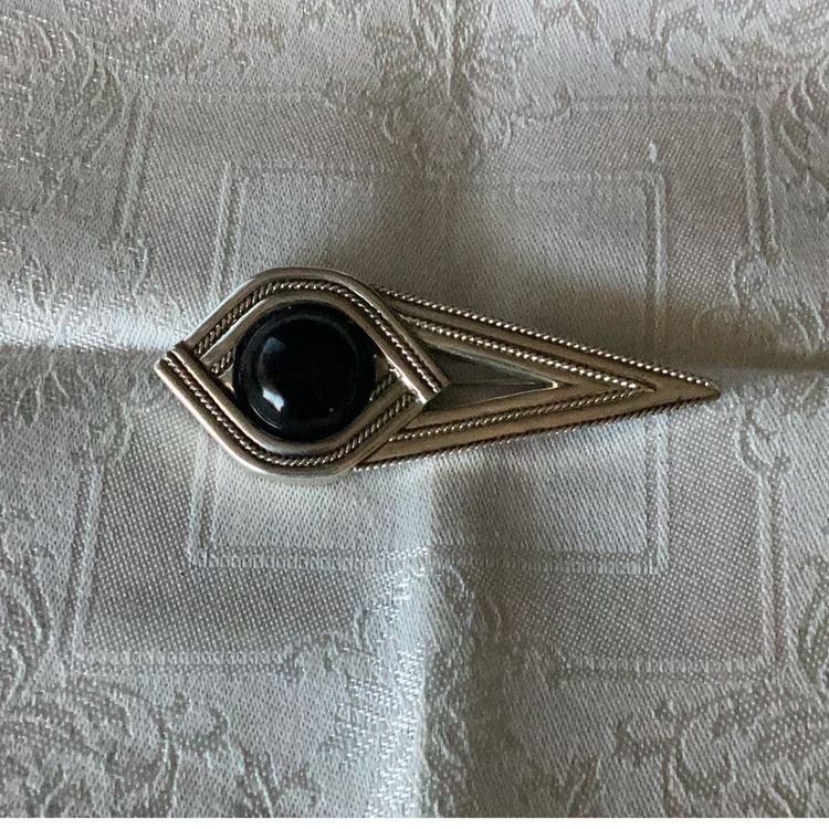Vintage Sterling Silver Brooch Onix Cabochon Modernist Style 3” 23 Grams