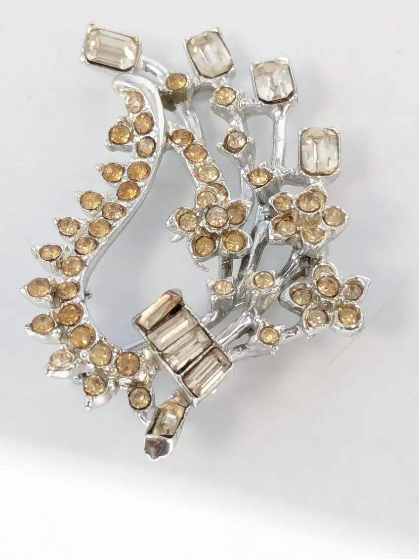 Vintage Silver Tone Floral Brooch Pin Yellow and Clear Rhinestones