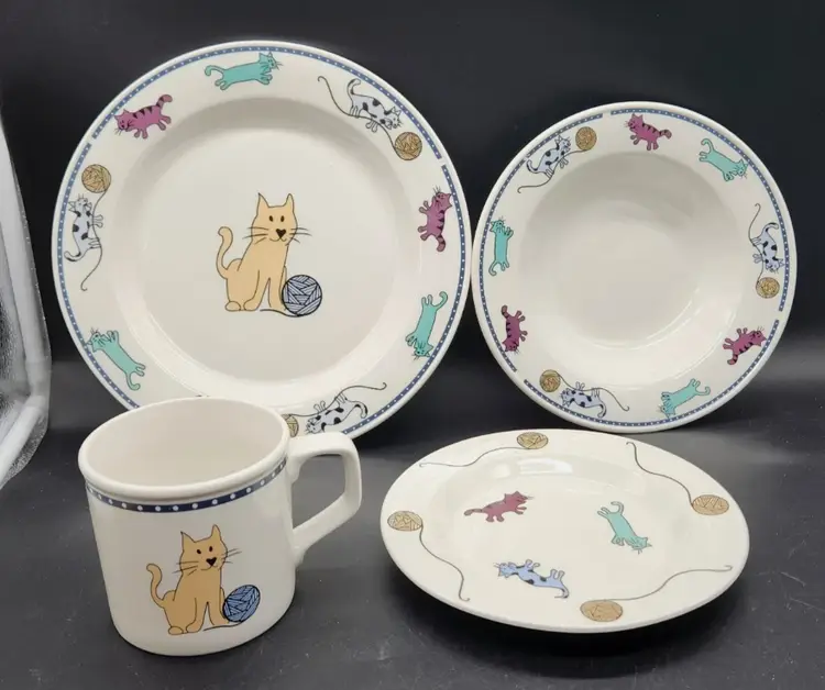 New Open Box Discontinued Stoneware Raining Cats & Dogs By Citation 4pc CAT Set