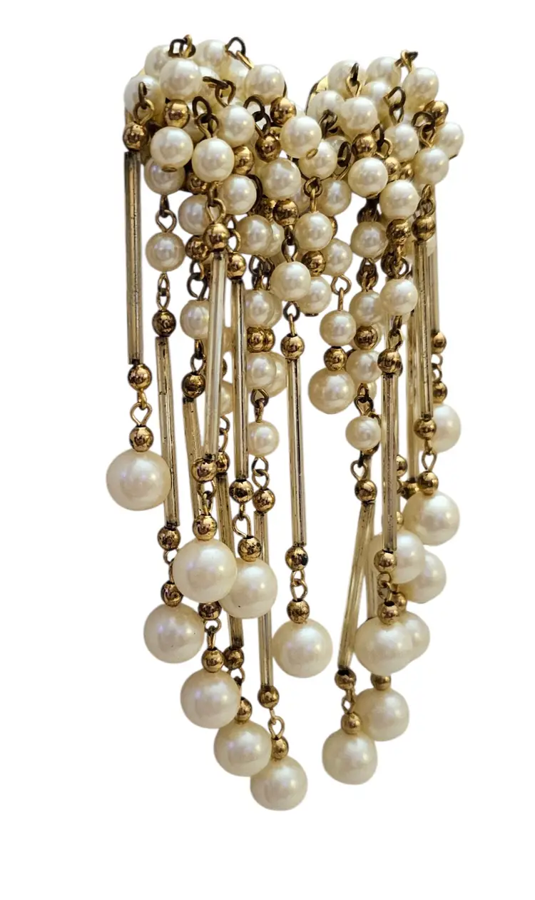 Gold Tone Faux Pearl Glass Tube Shoulder Duster Clip On Earrings