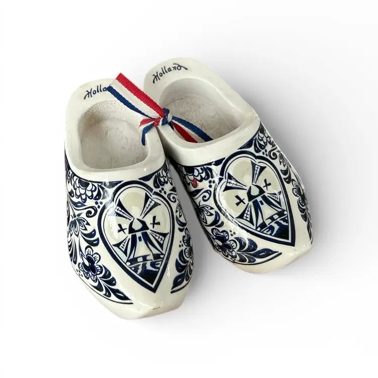 Hand Carved White Wooden Holland Children’s Clogs With Blue Transfer