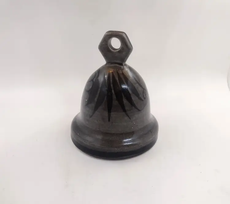 Tonala Mexico Floral Art Pottery Bell Gray Handpainted Signed Decor Ethnic