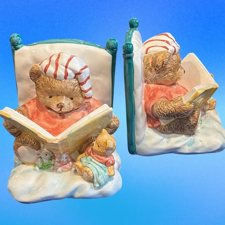 Vintage Mama Bear & Cub Story time Reading Ceramic Bookends