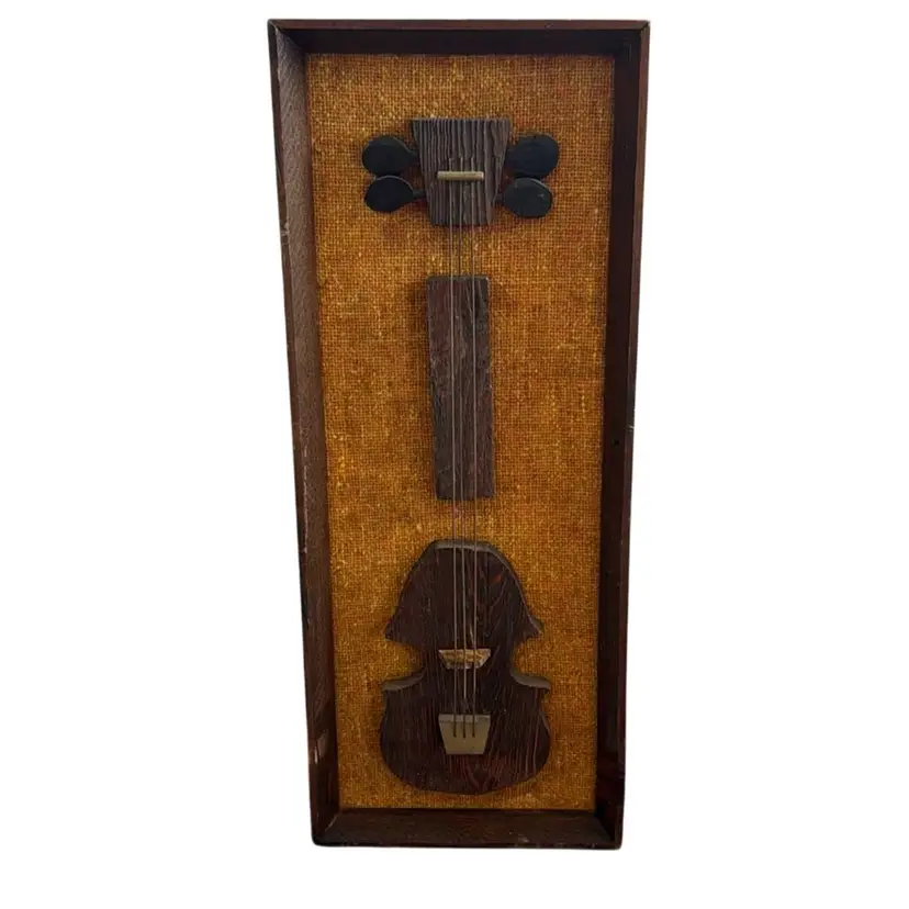Vintage MCM wood guitar with burlap Style Yellow background, wall art