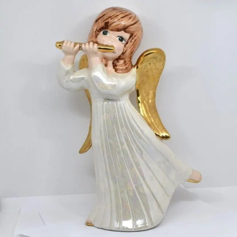Hand Painted Ceramic Angel Playing the Flute, 1987