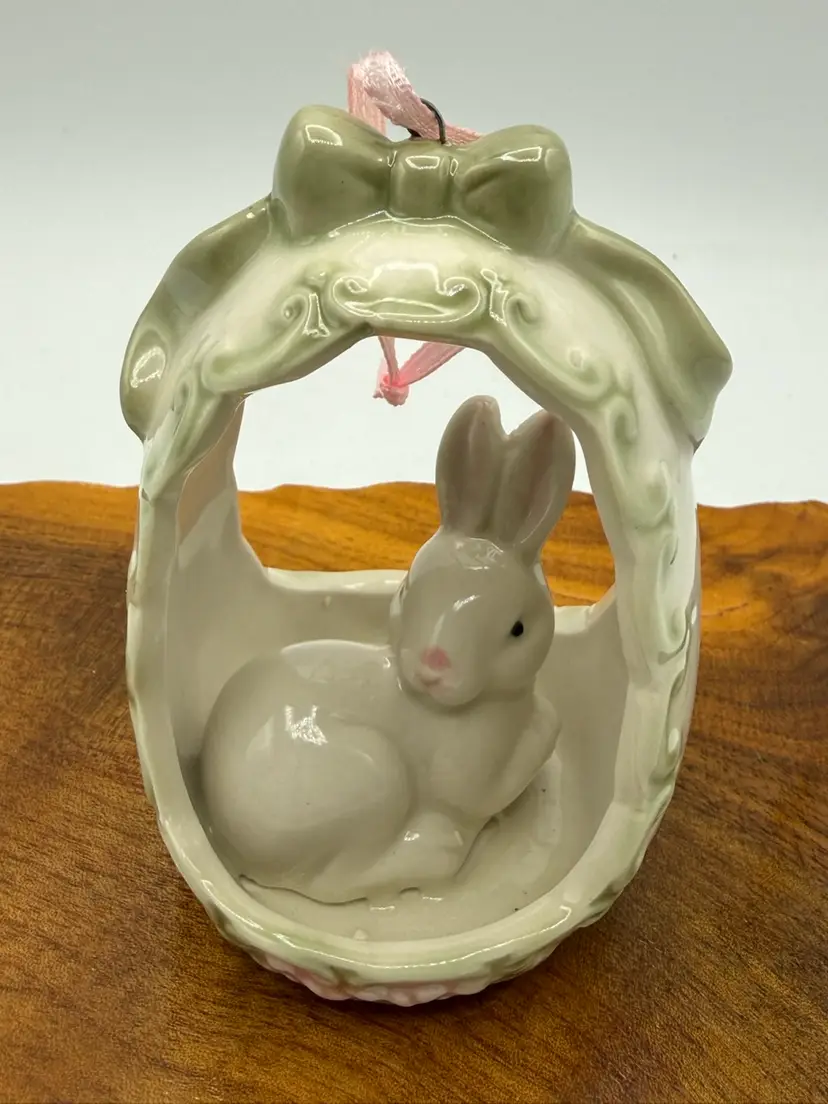 Greenbrier Int’l Bunny in Egg Pale Pink Bow  Pastel Trim Easter Spring Ornament