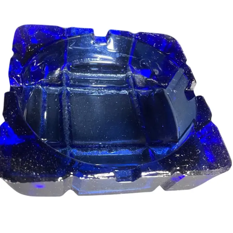 Art Deco Vintage Cobalt Blue Glass Ashtray Square Design