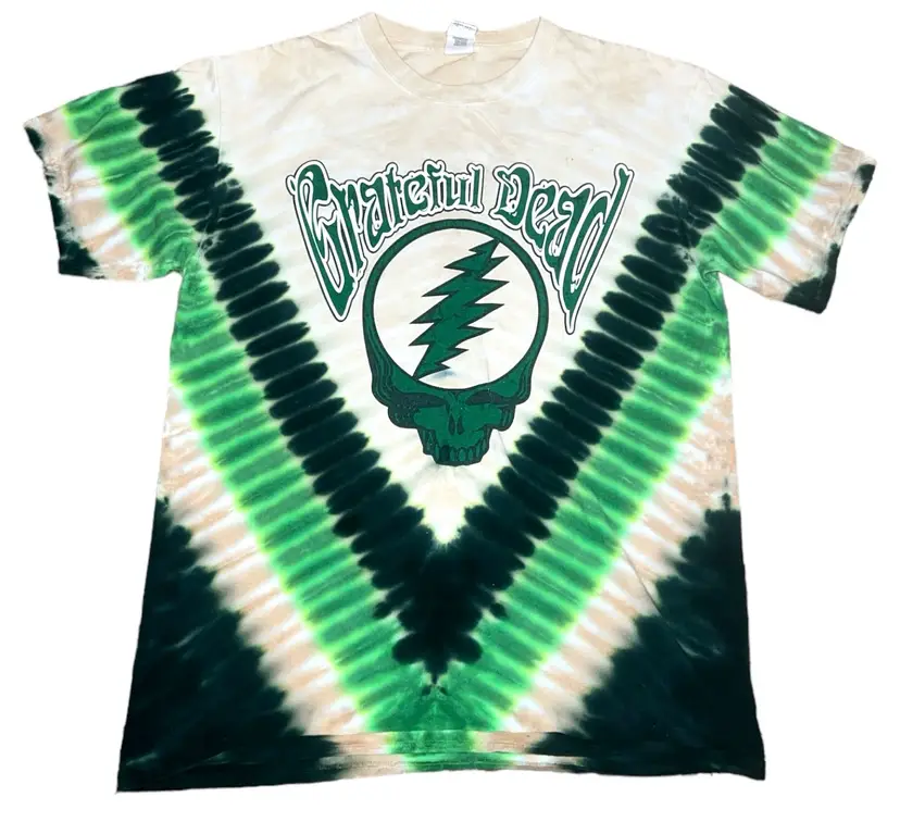 Grateful Dead Long Strange Trip Green Tan Tie Dye T-Shirt Size M Gildan Cotton