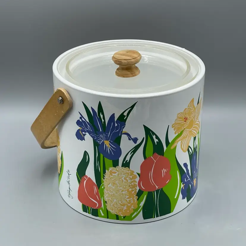 Vintage Georges Briard Plastic Spring Floral Ice Bucket Flowers White Tulip Iris Daffodil Hyacinth